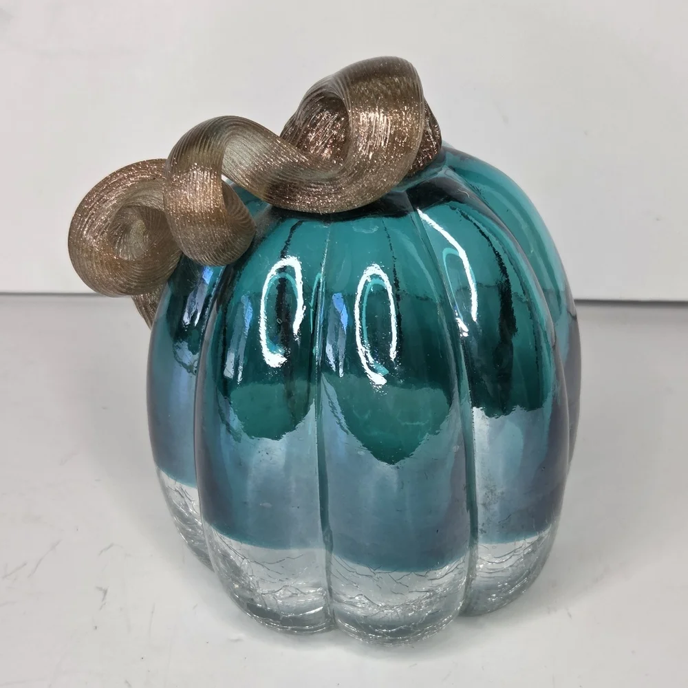 Glitzhome Teal Turquoise Hand Blown Crackle Glass And Glitter Pumpkin Fall Decor